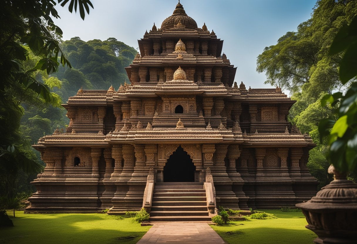 The Rukmini Devi Temple stands tall against a backdrop of lush greenery, with intricate carvings adorning its walls and a vibrant atmosphere of devotion surrounding it