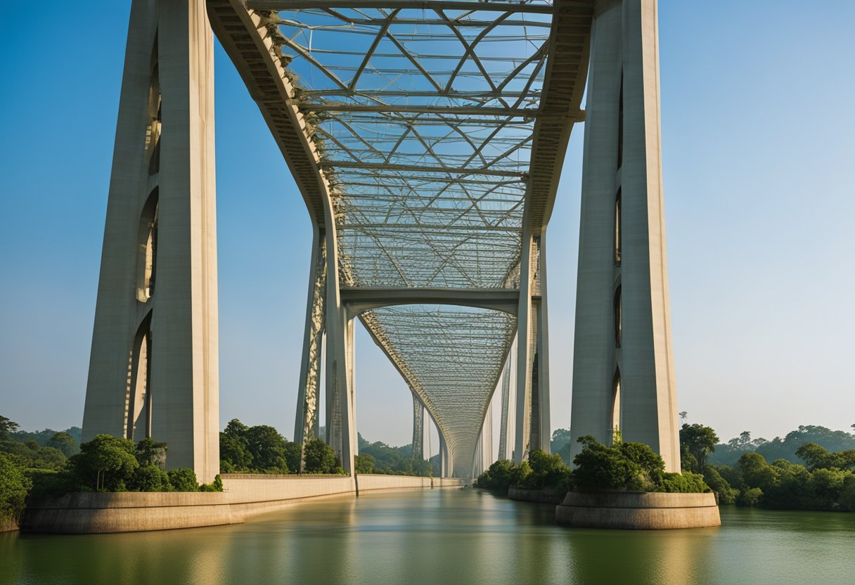 The Sudarshan Setu bridge spans across the river, with its elegant arches reflecting in the water below. The surrounding landscape is lush and green, with a clear blue sky overhead